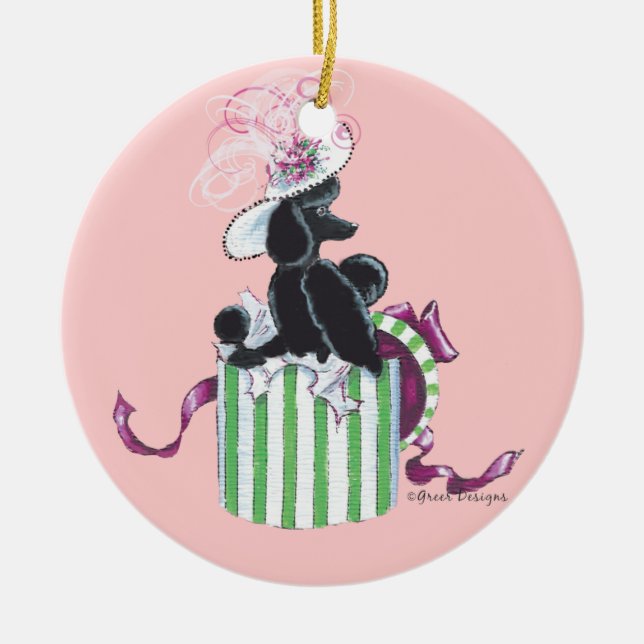 Black Poodle Hatbox Retro ornament (Front)