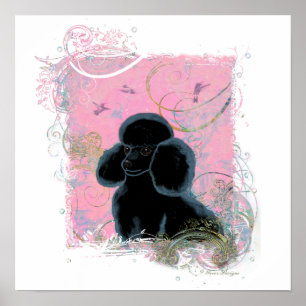 Black Poodle Hummingbirds Swirls Art Invitation Poster