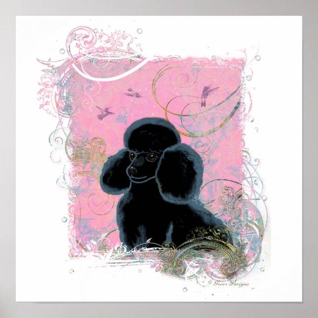 Black Poodle Hummingbirds Swirls Art Invitation Poster (Front)