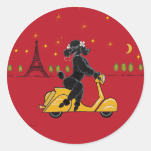 Black Poodle in Paris on Scooter Classic Round Sticker