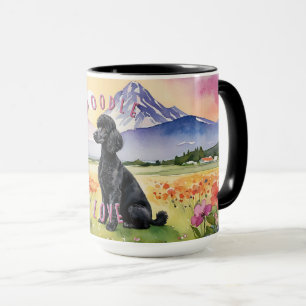 Black Poodle Mug, Customisable Farm Sunrise Mug