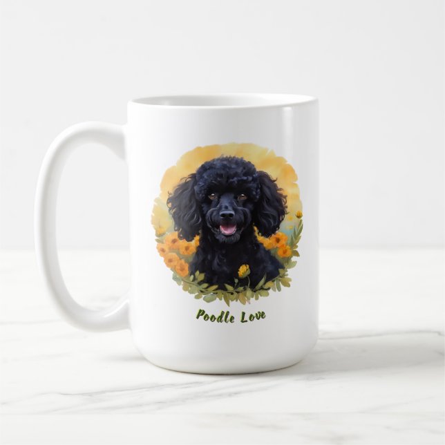 Black Poodle Mug with Floral Sunrise Illustration (Left)