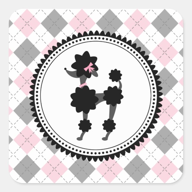 Black Poodle / Pink & Grey Argyle Sticker (Front)