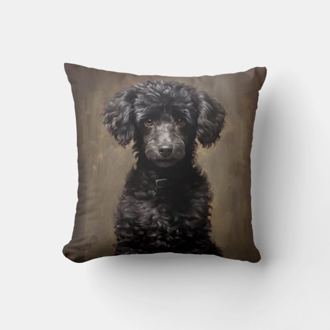 Black Poodle portrait Cushion (Front)