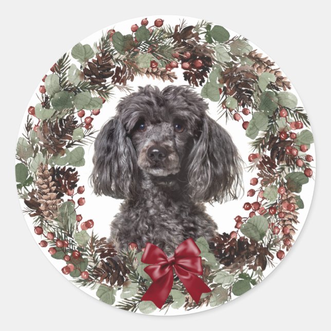 Black Poodle Red Bow Pinecone Wreath Christmas Classic Round Sticker (Front)