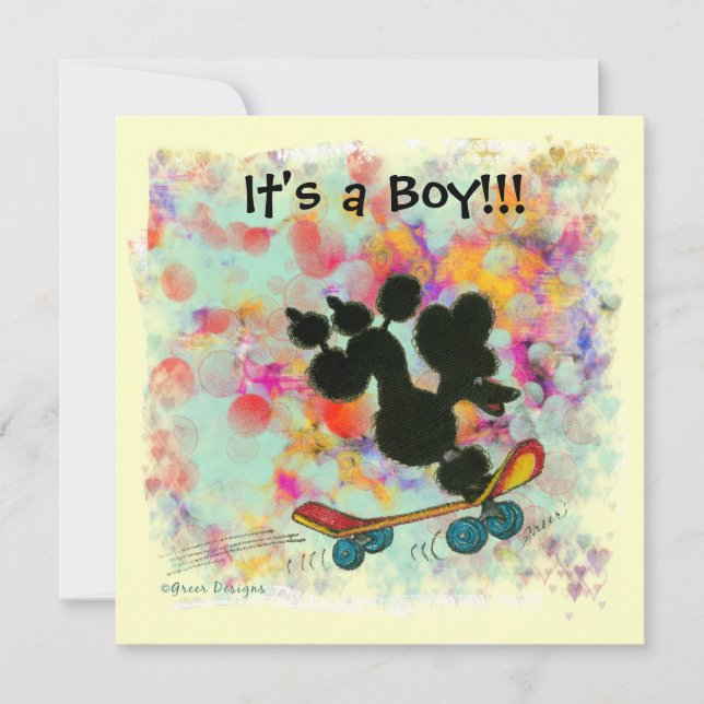Black Poodle Scooter Baby Boy Announcement (Front)