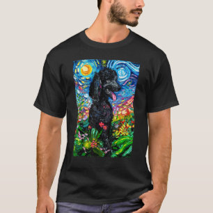 Black Poodle Starry Night Dog in Flower Garden Art T-Shirt