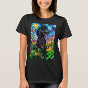 Black Poodle Starry Night Dog in Flower Garden Art T-Shirt
