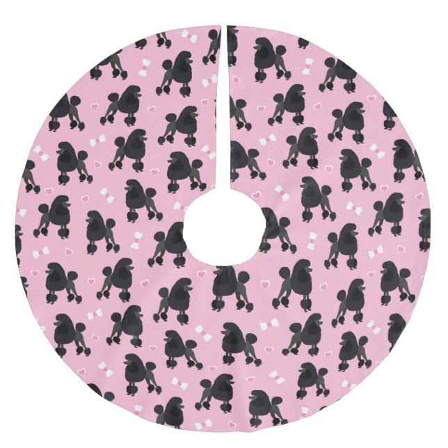 Black Poodles and Bows Pattern Pink Brushed Polyester Tree Skirt (Front)