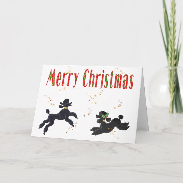 Black Poodles Playing Merry Christmas Art Cards (Front)