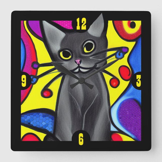Black Pop Art Cat Square Wall Clock (Front)