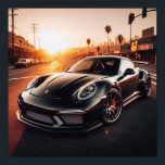 Black Porsche Sunset poster<br><div class="desc">Immerse yourself in the elegance of this captivating scene – a sleek black Porsche 911, parked on a quiet street, bathed in the warm hues of a breathtaking sunset. Whether you're a car enthusiast, an admirer of sleek design, or simply appreciate the finer things in life, this poster is your...</div>