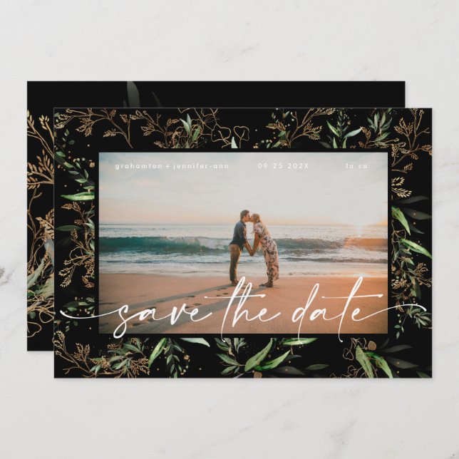 Black Premium Modern Boho Golden Eucalyptus Save The Date (Front/Back)