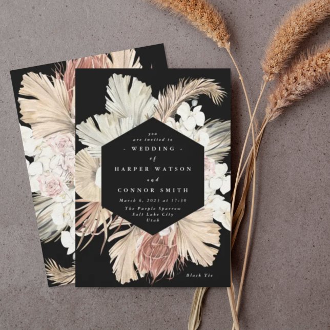 Black Premium Pampas Grass Formal Spring Wedding Invitation (Creator Uploaded)