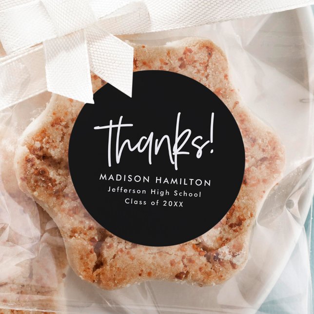 Black | Preppy Script Graduation Thank You Classic Round Sticker (Creator Uploaded)