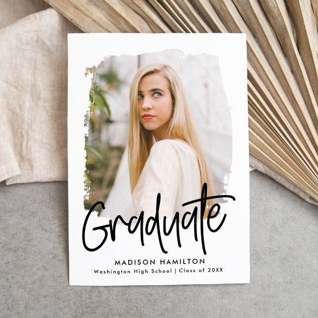 Black | Preppy Script Photo Graduation Announcement (Creator Uploaded)