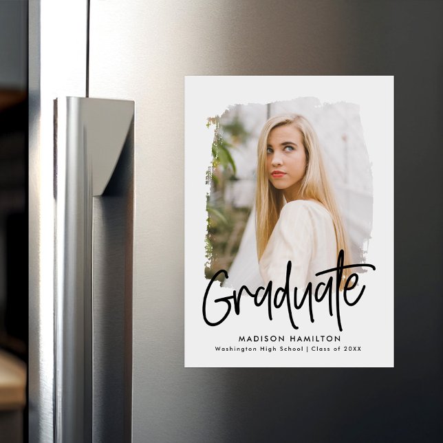 Black | Preppy Script Photo Graduation Magnetic Invitation (Creator Uploaded)