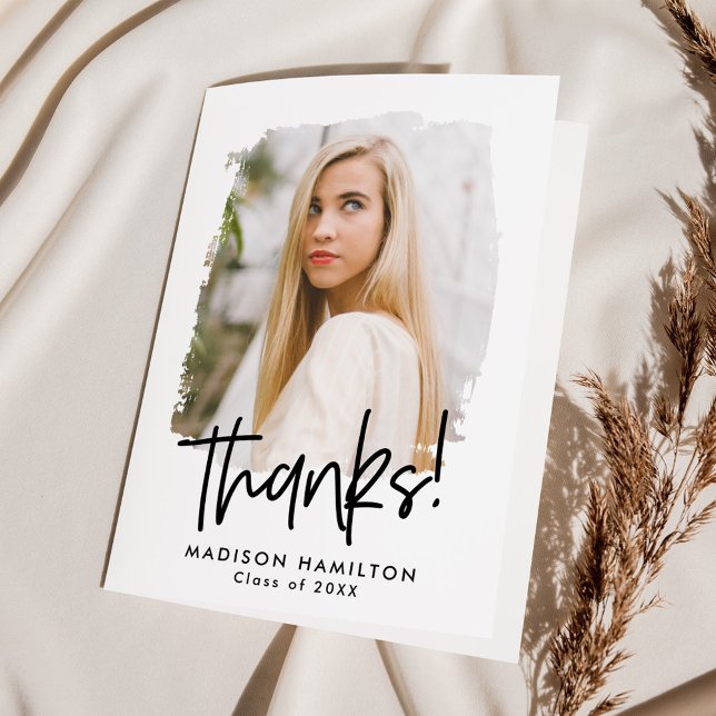 Black | Preppy Script Photo Graduation Thank You Card (Creator Uploaded)