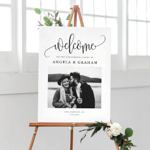 Black Pretty Calligraphy Engagement Party Photo Poster