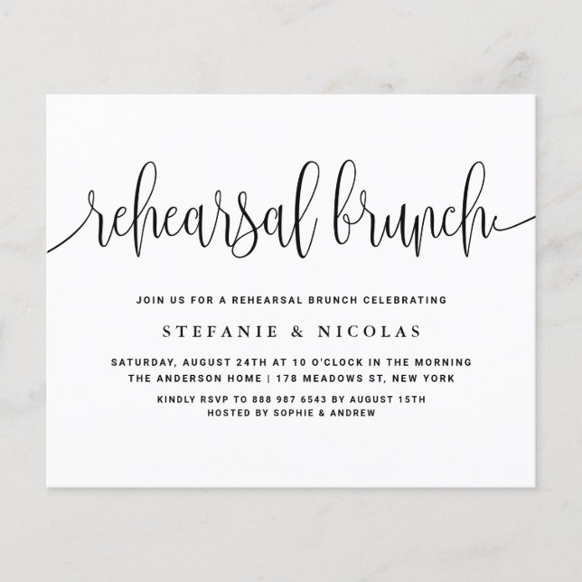 Black Pretty Calligraphy Rehearsal Brunch Invite (Front)