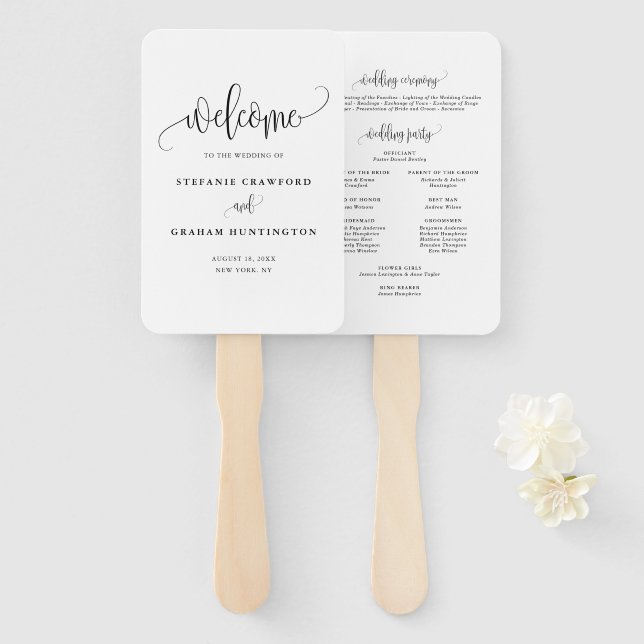 Black Pretty Calligraphy Script Wedding Program Hand Fan (Front and Back)