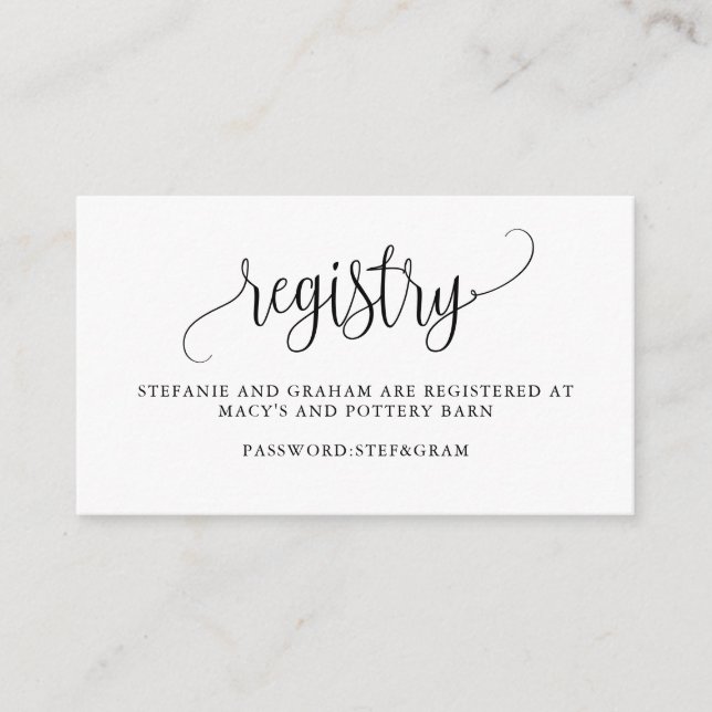 Black Pretty Calligraphy Script Wedding Registry Enclosure Card (Front)
