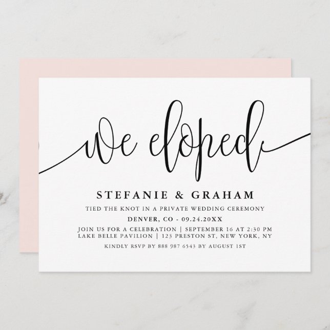 Black Pretty Calligraphy Wedding Elopement Invitation (Front/Back)