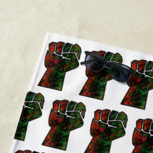 black pride red green fist pan African flag unity  Beach Towel