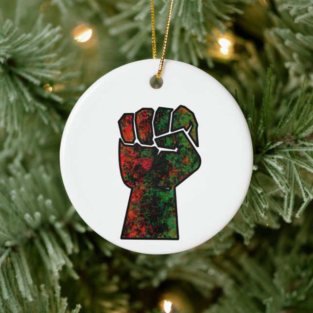 black pride red green fist pan African flag unity  Ceramic Ornament (Tree)