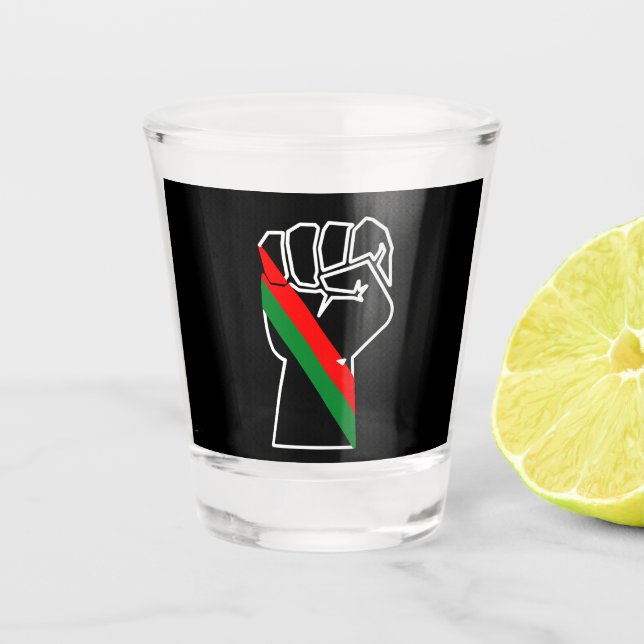 black pride red green fist pan African flag unity  Shot Glass (Front)