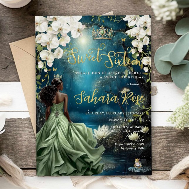 Black Princess and Frog Enchanted Forest Sweet 16 Invitation (Creator Uploaded)