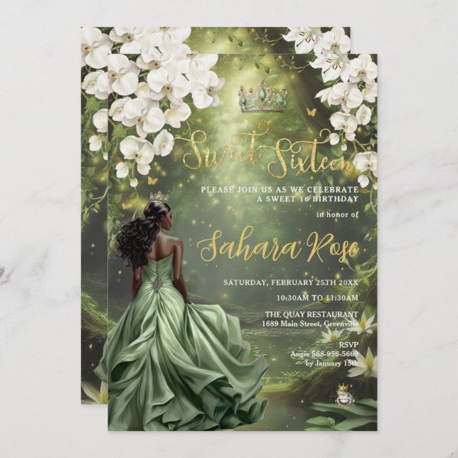 Black Princess and Frog Sage Green Dress Sweet 16 Invitation (Front/Back)