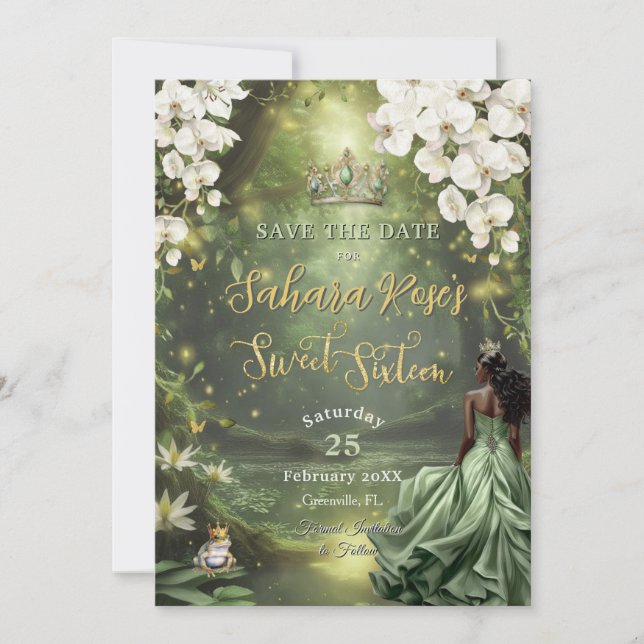 Black Princess and Frog Sage Green Dress Sweet 16 Save The Date (Front)