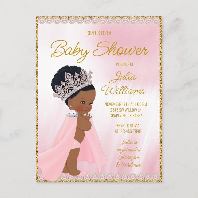 Black Princess Baby Shower Invitation  Postcard (Front)