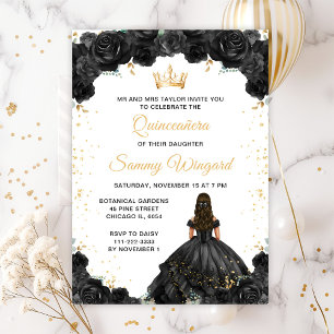 Black Princess Floral Quinceañera Invitation