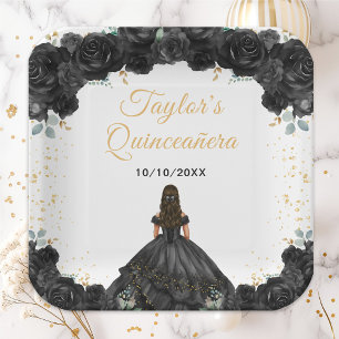 Black Princess Floral Quinceañera Paper Plate