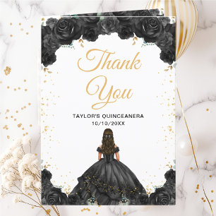 Black Princess Floral Quinceañera Thank You Card