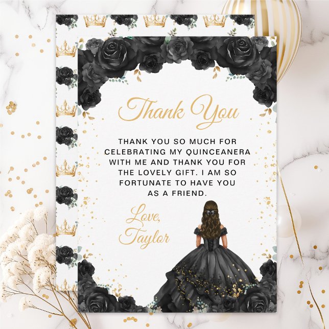Black Princess Floral Quinceañera Thank You Card (Creator Uploaded)