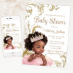 Black Princess Pink Gold Baby Shower Invitation<br><div class="desc">Black princess baby shower invitation with sweet baby girl wearing a pretty pink tutu and jewel tiara in a pretty gold swirl background. This black princess baby shower invitation is easily personalised with your event details. You can also change the background and text colour.</div>