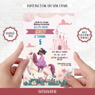 Black Princess Riding Unicorn Party Invitation