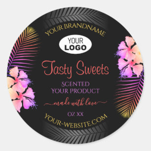 Black Product Label Colourful Hawaiian Flowers Log