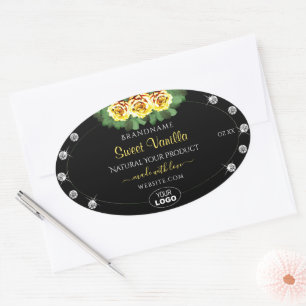 Black Product Label Green Yellow Roses Jewels Logo