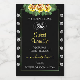 Black Product Label Green Yellow Roses Jewels Logo