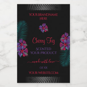 Black Product Label Purple Red Flowers Teal Leaves