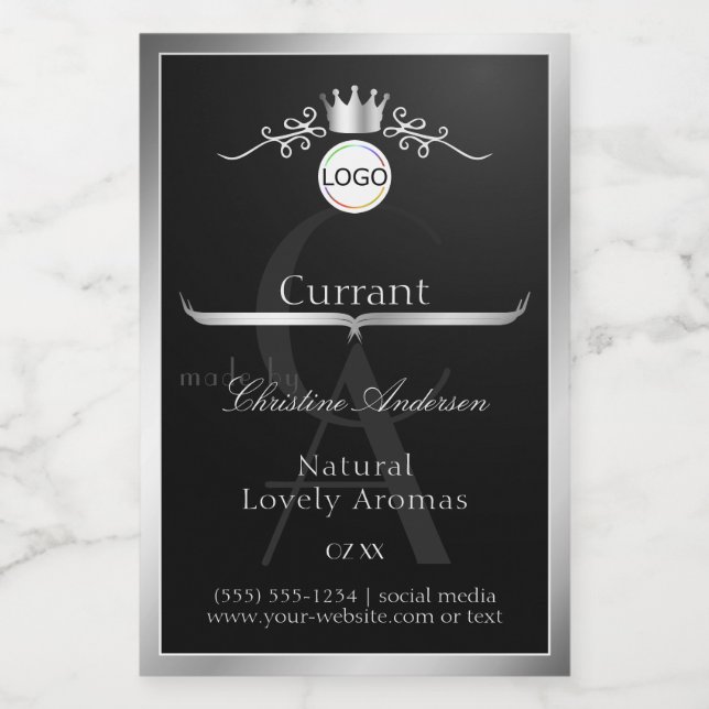 Black Product Label Silver Frame Logo and Monogram (Single Label)
