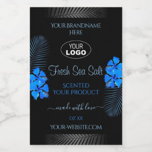 Black Product Label Sky Blue Hawaiian Flowers Logo