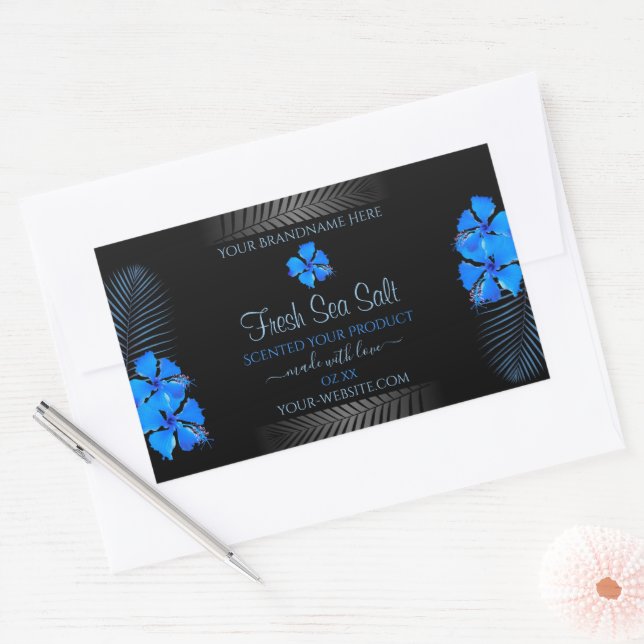 Black Product Label with Sky Blue Hawaiian Flowers (Envelope)