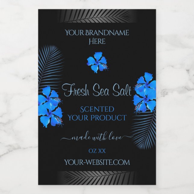 Black Product Label with Sky Blue Hawaiian Flowers (Single Label)