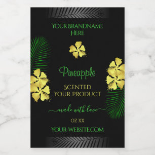 Black Product Label Yellow Green Hawaiian Flowers