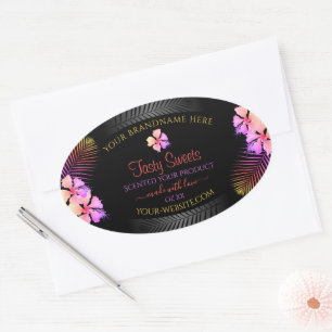 Black Product Labels Colourful Hawaiian Flowers